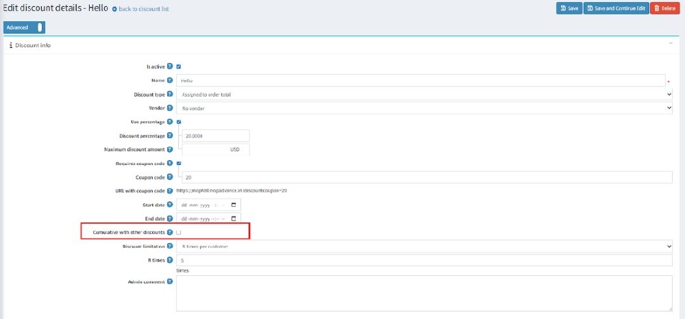cumulative with other discounts setting page 